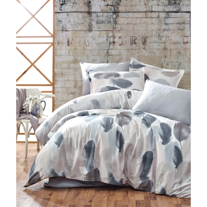 Lenjerie de pat dublu, Majoli Bahar Home Collection, 100% bumbac ranforce, 144 TC, 4 piese(cearsaf de pilota 200x220cm, cearsaf pat 240x260 cm, 2 fete de perna 50x70cm), Tuy Gri