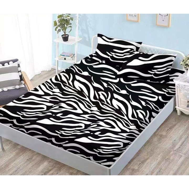 Husa de Pat cu Elastic din Finet, pentru Pat Dublu, 3 Piese, 2 Fete de Perna, Model 6