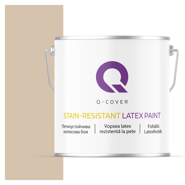 Vopsea latex Rezistenta La Pete, Q-Cover, Bej H4155, pentru interior, pe baza de apa, galeti de fier, usor de aplicat, rezistent la frecare, elimina reflexiile luminii, sigura pentru persoanele alergice, fara miros, tixotropa, Mat, 5L