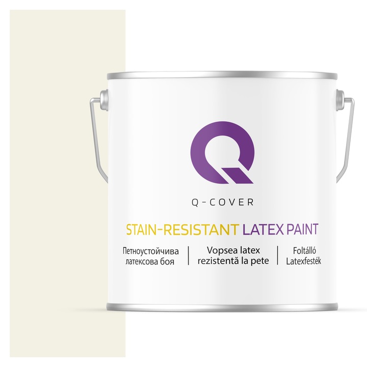 Vopsea latex Rezistenta La Pete, Q-Cover, Alb cu tenta de galben H6984, pentru interior, pe baza de apa, galeti de fier, usor de aplicat, rezistent la frecare, elimina reflexiile luminii, sigura pentru persoanele alergice, fara miros, tixotropa, Mat, 5L