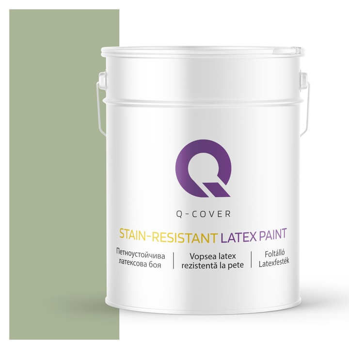 Vopsea latex Rezistenta La Pete, Q-Cover, Verde H2143, pentru interior, pe baza de apa, galeti de fier, usor de aplicat, rezistent la frecare, elimina reflexiile luminii, sigura pentru persoanele alergice, fara miros, tixotropa, Mat, 10L
