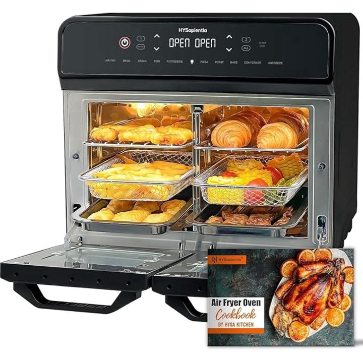 HYSapientia 22L фритюрник с горещ въздух, 2 камери, XXL мини фурна с конвекция на въздуха, LED сензорен екран, 10 програми, двузонова фурна с фритюрник, два режима на готвене с разделителна плоча
