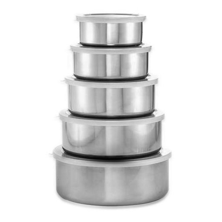 Set 5 caserole inox, capace plastic, gri