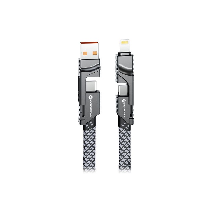 Forcell F-ENERGY C241 adat- és töltőkábel, 4 az 1-ben, rendkívül ellenálló, USB-C/USB-A – USB-C/Lightning, 60 W, C típusú, tápellátás, 3 A, 1 méter, szürke