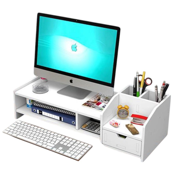 Suport monitor/laptop alb, din ABS, 63 x 23 x 18 cm, 6 compartimente