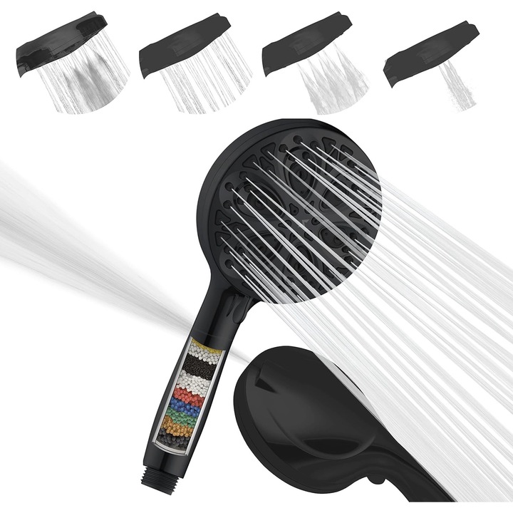 Para Cap de dus, 10 moduri de pulverizare, Presiune inalta de 5 inchi, filtru cu granule minerale pentru filtrarea apei, Negru