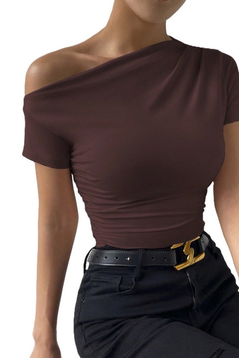 Tricou Dama, Privé Cu Guler Asimetric Si Fronseuri, Ciocolatiu, XS