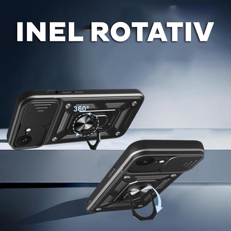 Husa pentru Apple iPhone 16e cu inel rotativ 360 Daden, Camshield series, Hybrid Antisoc, Slider pentru protectia camerei, Negru