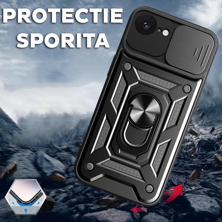Husa pentru Apple iPhone 16e cu inel rotativ 360 Daden, Camshield series, Hybrid Antisoc, Slider pentru protectia camerei, Negru