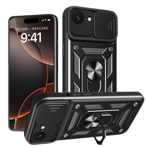 Husa pentru Apple iPhone 16e cu inel rotativ 360 Daden, Camshield series, Hybrid Antisoc, Slider pentru protectia camerei, Negru