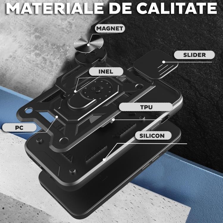 Husa pentru Apple iPhone 16e cu inel rotativ 360 Daden, Camshield series, Hybrid Antisoc, Slider pentru protectia camerei, Negru