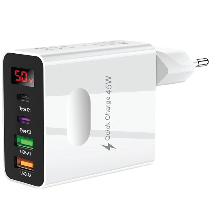Töltőadapter hálózat, DigikalaX®, 4 port, 45 W gyorstöltés, 2 x USB, 2 x Type-C, univerzális, digitális képernyő, védelemmel, kompatibilis telefon, okosóra, iPhone, Huawei, Samsung, Xiaomi, fehér