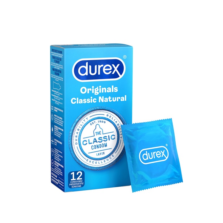 Durex Originals Classic natúr óvszer, vitathatatlan védelem és kényelem, 12 db