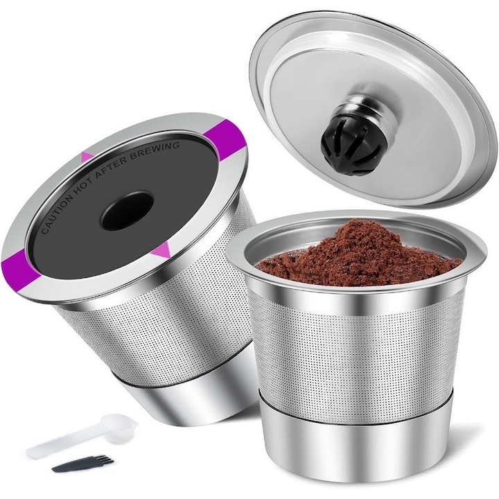 Set de 4 filtre de cafea reutilizabile, Ronyes, din otel inoxidabil, cu perie si lingura, compatibile cu Keurig 2.0/1.0