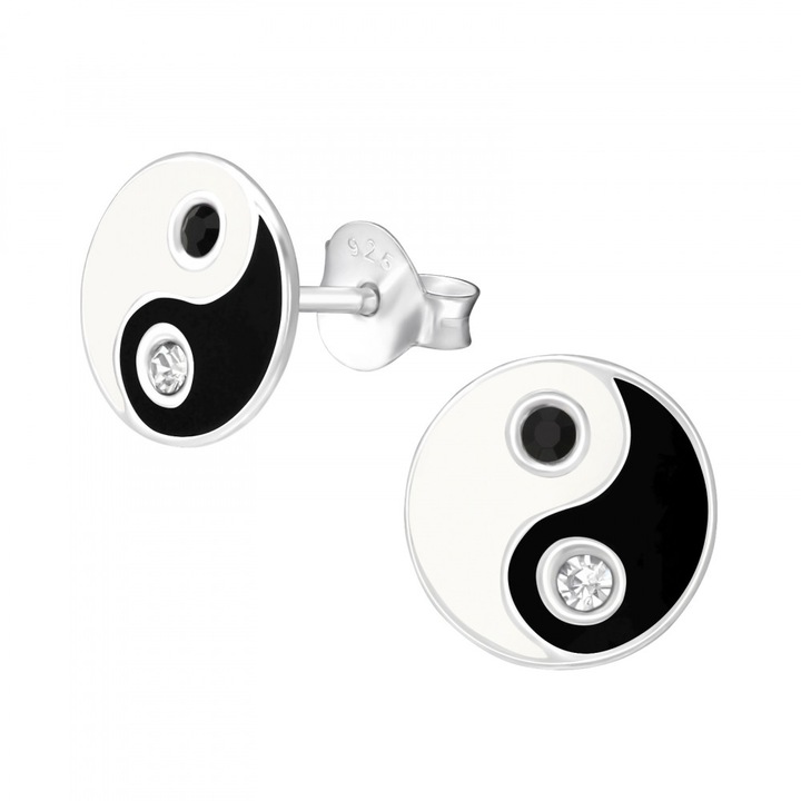Cercei din argint 925 pentru dama Yin and Yang model feng Shui Boutique 23, cutie bijuterie, alb/negru