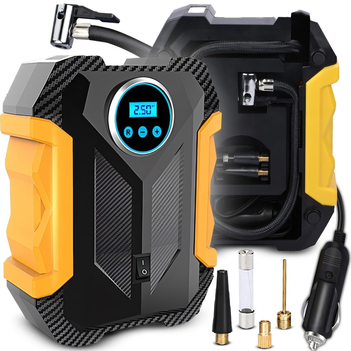 Compresor Auto RETOO DriveTech, 12V, 120W, Presiune Max. 150 PSI, Debit 35L/min, Afisaj LCD, Lumina LED, Cablaj 3m, Picioruse Antialunecare, Constructie Solida, Design Compact, Usor de Utilizat, Ideal pentru Roti Auto, Biciclete si Accesorii Gonflabile