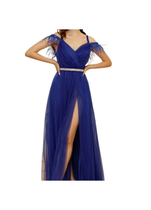 Rochie lunga eleganta din tulle fronsat accesorizata cu pene Emilie 5 - albastru 40