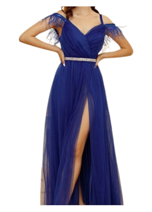 Rochie lunga eleganta din tulle fronsat accesorizata cu pene Emilie 5 - albastru 36