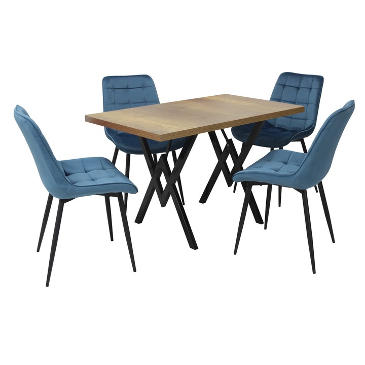 Set masa fixa Arta Nuc cu 4 scaune Onix Blue, picioare negre, tapiterie din material textil, dreptunghiulara, blat din PAL laminat, 120x70x75 cm