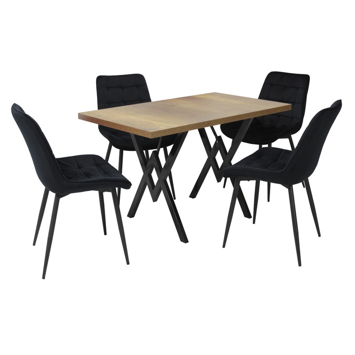 Set masa fixa Arta Nuc cu 4 scaune Onix Negru, picioare negre, tapiterie din material textil, dreptunghiulara, blat din PAL laminat, 120x70x75 cm