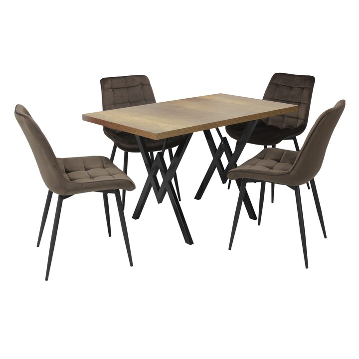 Set masa fixa Arta Nuc cu 4 scaune Onix Maro, picioare negre, tapiterie din material textil, dreptunghiulara, blat din PAL laminat, 120x70x75 cm