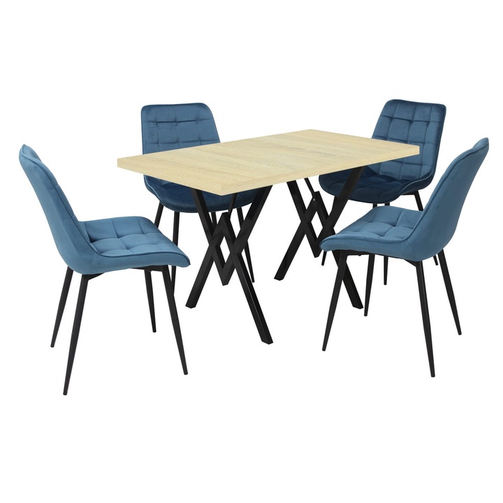 Set masa fixa Arta Stejar cu 4 scaune Onix Blue, picioare negre, tapiterie din material textil, dreptunghiulara, blat din PAL laminat, 120x70x75 cm