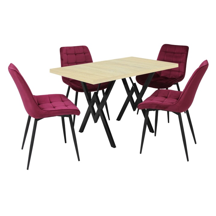 Set masa fixa Arta Stejar cu 4 scaune Onix Bordo, picioare negre, tapiterie din material textil, dreptunghiulara, blat din PAL laminat, 120x70x75 cm