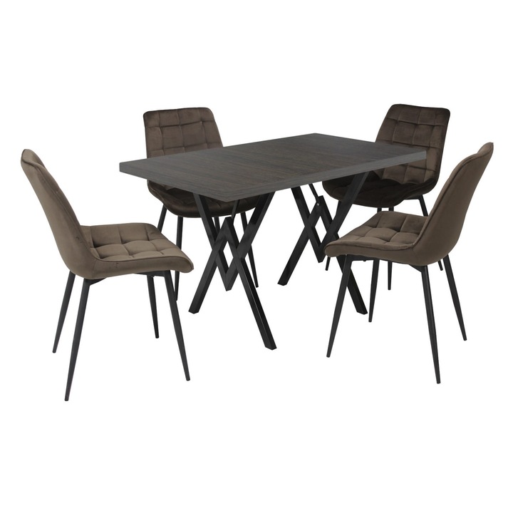 Set masa fixa Arta Wenge cu 4 scaune Onix Maro, picioare negre, tapiterie din material textil, dreptunghiulara, blat din PAL laminat, 120x70x75 cm
