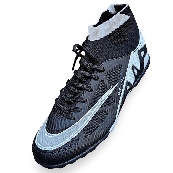 Ghete de fotbal copii Sky Wing 9838, cu glezna cusute in varf, pentru teren sintetic, Negru