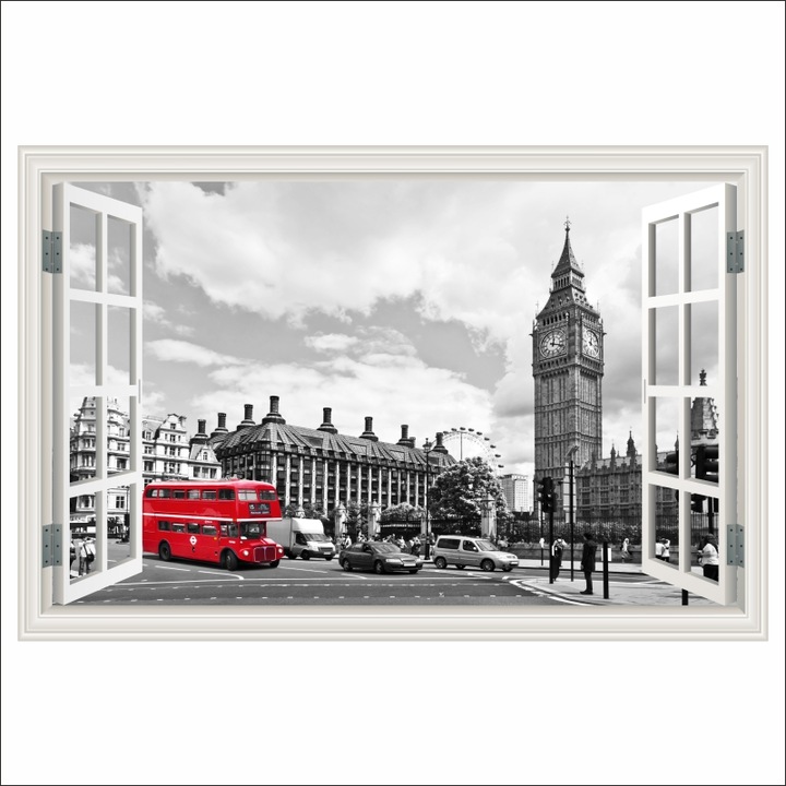 Fototapet Fereastra Londra, bus rosu, alb-negru, 135 x 90 cm