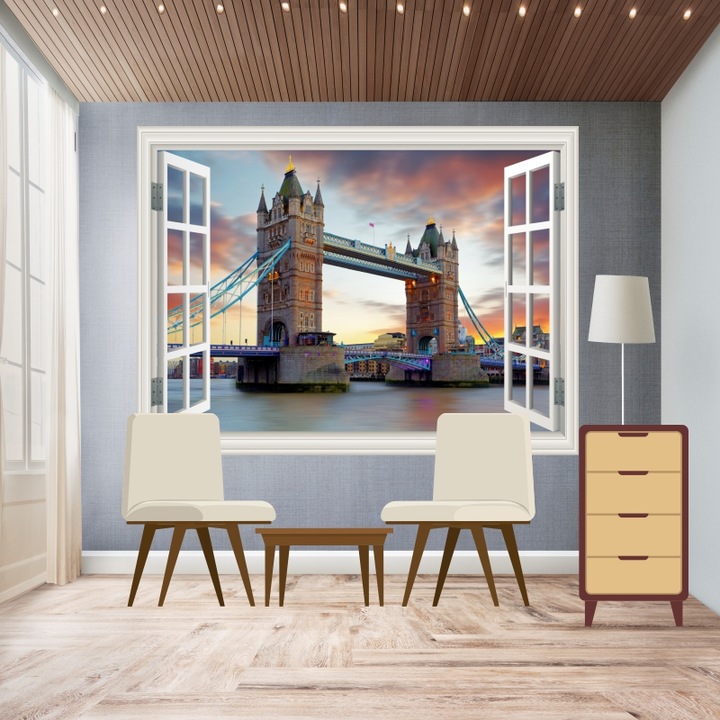 Fotóháttérkép Window Towers of London Bridge, 150 x 100 cm