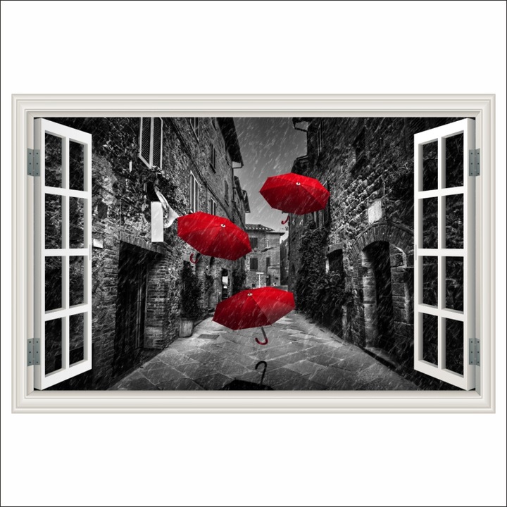 Fototapet Fereastra Strada din Toscana, umbrele rosii, alb-negru, 135 x 90 cm