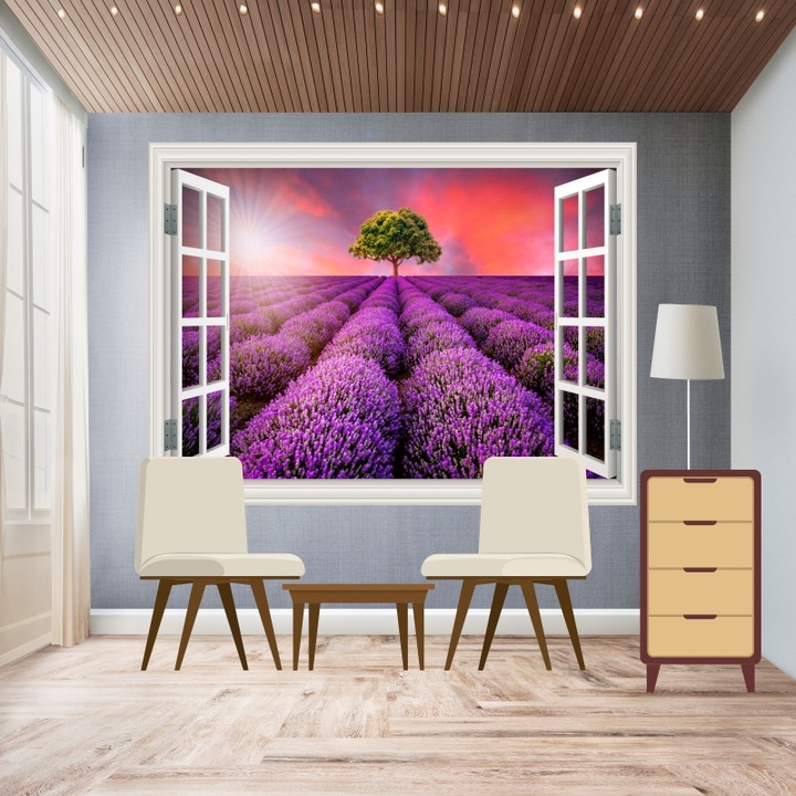 Fotótapéta Ablak Levendula mező, nyár, naplemente, 135 x 90 cm