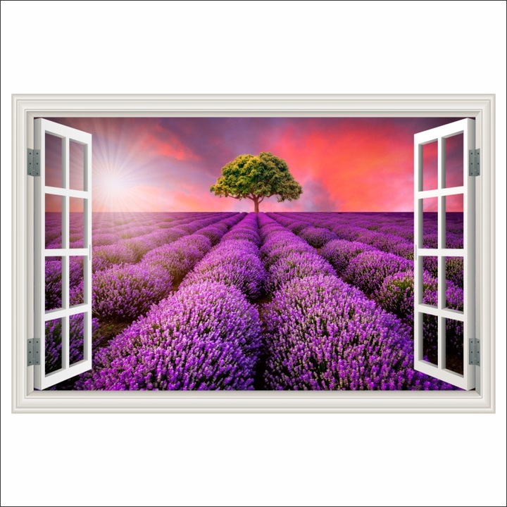 Fototapet Fereastra Camp de lavanda, vara, apus de soare, 135 x 90 cm