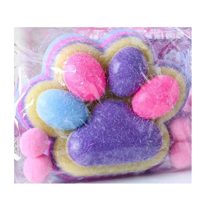 Антистрес играчка Squishy Antistres Toy, Flippy, Slow Rebound, Fluffy Cat Paw Pattern, 12.5x10.5 cm, 220g, Squeeze Pinch Family, Прозрачна опаковка, лилаво-многоцветен