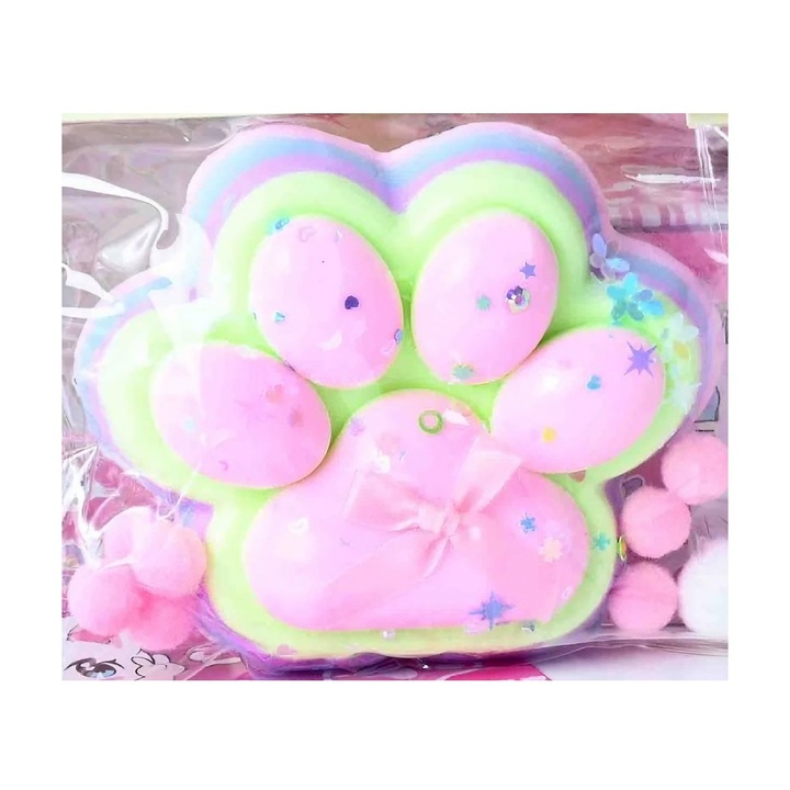 Антистрес играчка Squishy, Cyrax, с бавно възстановяване, модел котешка лапа YY1005, 220гр, 12.5 x 10.5 см, Squeeze Pinch Family, прозрачна опаковка, розово-дъга