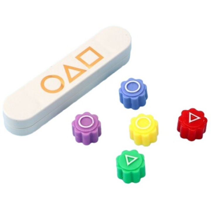 Gonggi hagyományos koreai játék, Squid Game típusú, interaktív, 5 db tarka darabból álló készlet, fehér doboz