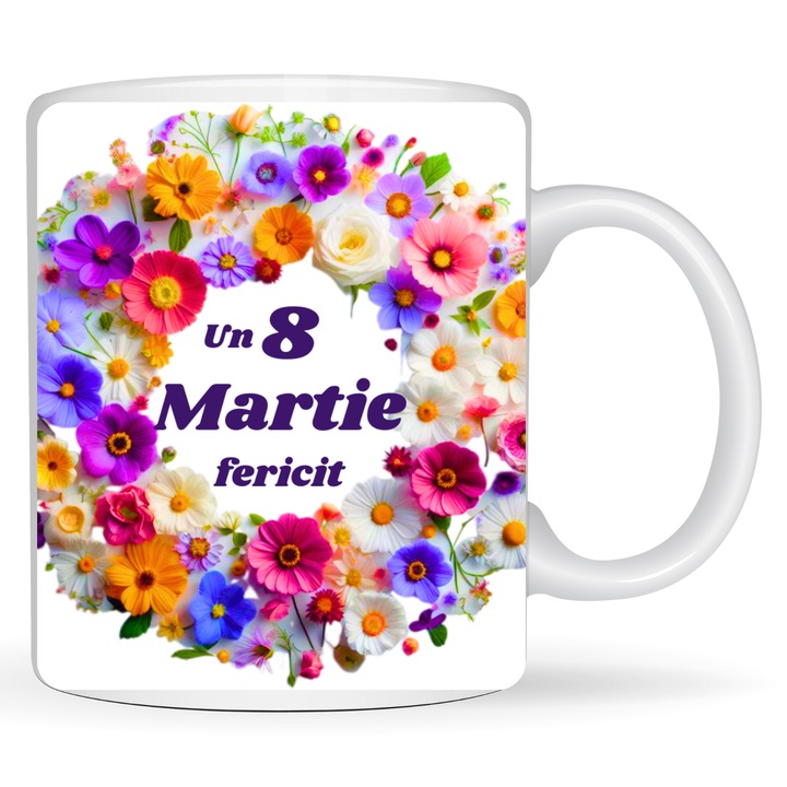 Fehér March 8 bögre pasztell, élénk színű virágokkal, kerámia, 330 ml