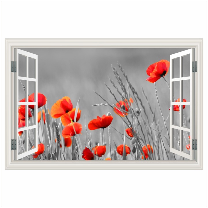 Fototapet Fereastra Camp de maci rosii, alb-negru, 180 x 120 cm