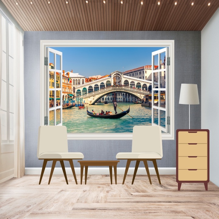 Fotó Háttérkép Ablak Rialto híd, Velence, gondola, 135 x 90 cm