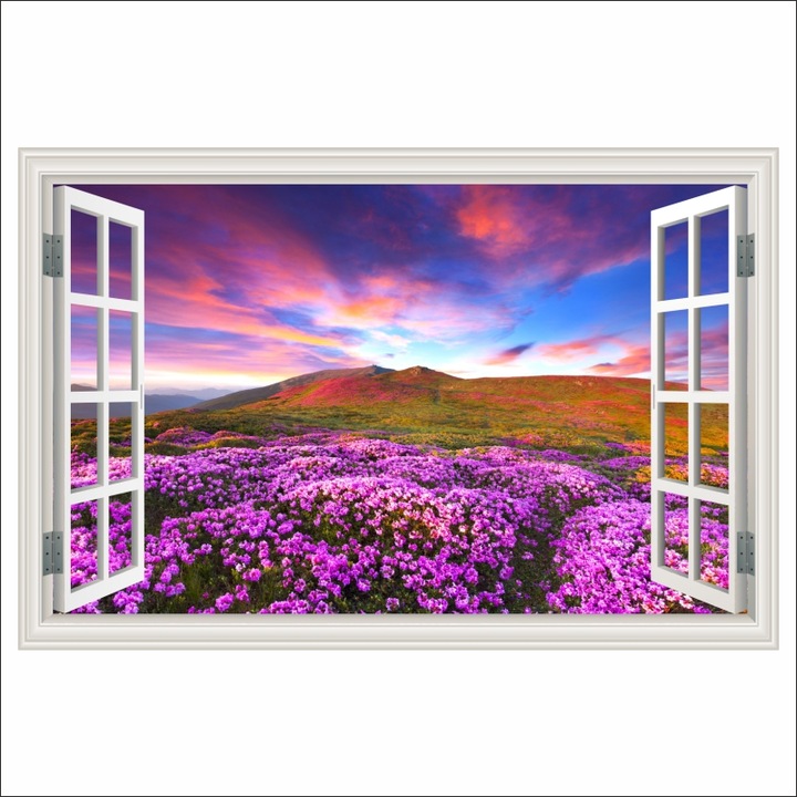 Fototapet Fereastra Flori de rhododendron in apus de soare, 135 x 90 cm