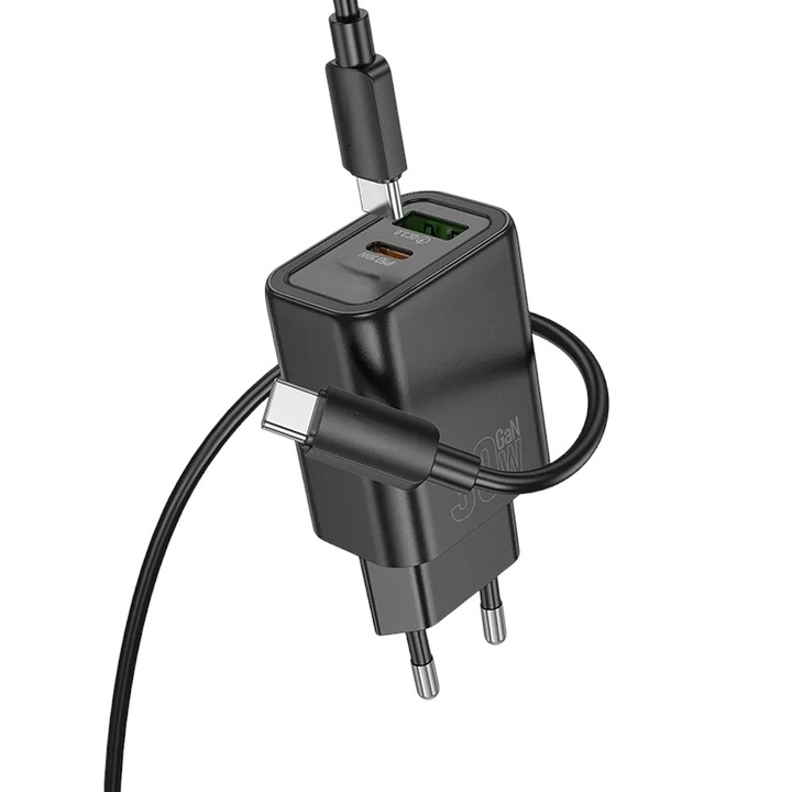 Kettős 30 W-os hálózati töltő, G-Tech N63, Type-C / Type-C kábel, USB és USB-C port, Univerzális, Gyorstöltés, Fekete