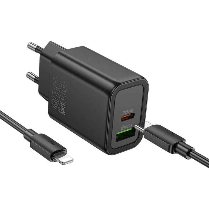 Kettős 30 W-os hálózati töltő, G-Tech N63, Type-C / Lightning kábel, USB és USB-C port, Univerzális, Gyorstöltés, Fekete