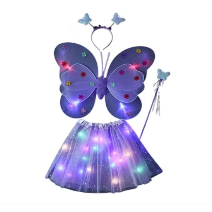 Costum Fluturas cu Aripi Modelabile Luminoase pentru Copii, Flippy, Fusta din Tul cu Lumini, Bagheta si Bentita, 4 piese, Pentru Halloween, Roleplay, Craciun, Carnaval, Paste, Ziua Copilului, Bumbac/Poliester, Marime universala, Mov