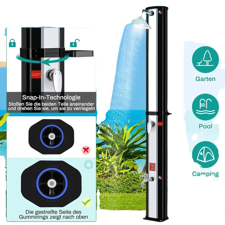 Napelemes zuhany, 60 literes űrtartalommal, hőmérséklet-szabályozással, fekete és ezüst színű, kültéri használatra