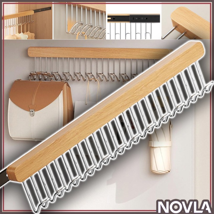 Прибираща се закачалка за дрехи, телескопична с 12 куки, естествено дърво, комплект от 2 броя, прибираща се 2 см