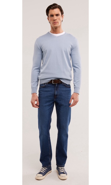 Férfi pulóver Big Star, kék, puha pamut, V-nyakú, alkalmi és elegáns stílus