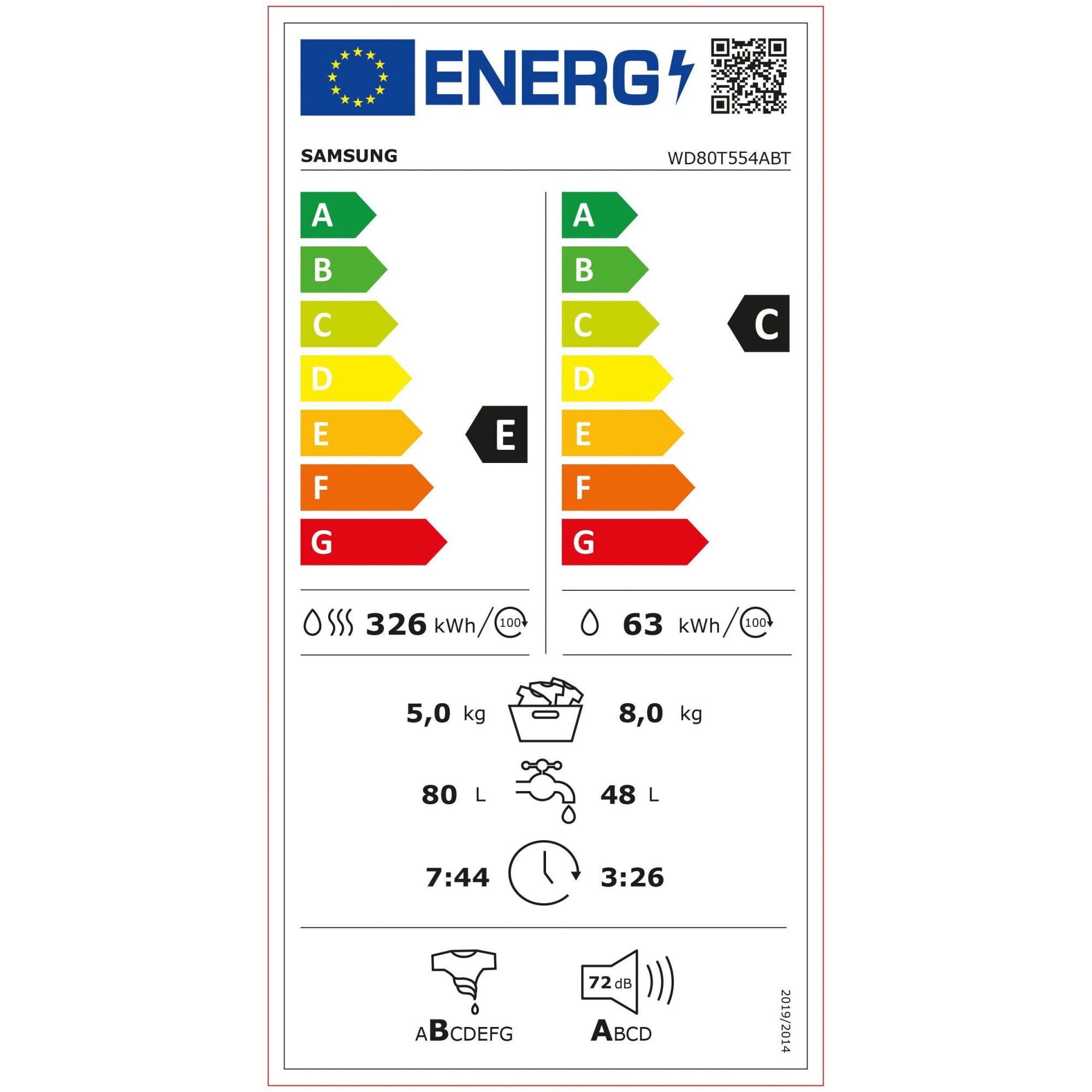 Masina de spalat cu uscator Samsung WD80T554ABT/S2, 8/5 kg