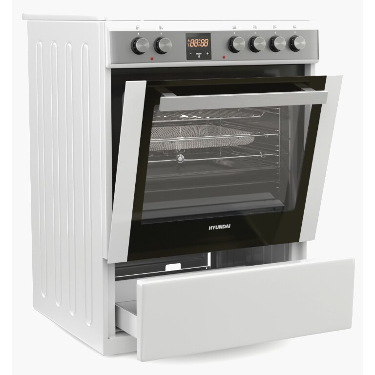 Aragaz Hyundai HCVC23-7260V/WP, 4 zone de gatit, Electric, Butoane push-hide, Latime 60 cm, Airfry, Rotisor, Alb(maner si panou de control inox)