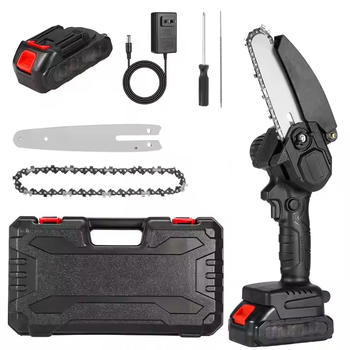 Fierastrau Electric cu Lant WXZ Shop, Lama Ghidaj + Lant 4 Inch, 2 Acumulatoare 24V, Pila Ascutire, Valiza Transport